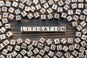 litigation - word from wooden blocks with letters, the process  determining issues a court Arbitration and Litigation concept, random letters around, top view on wooden background